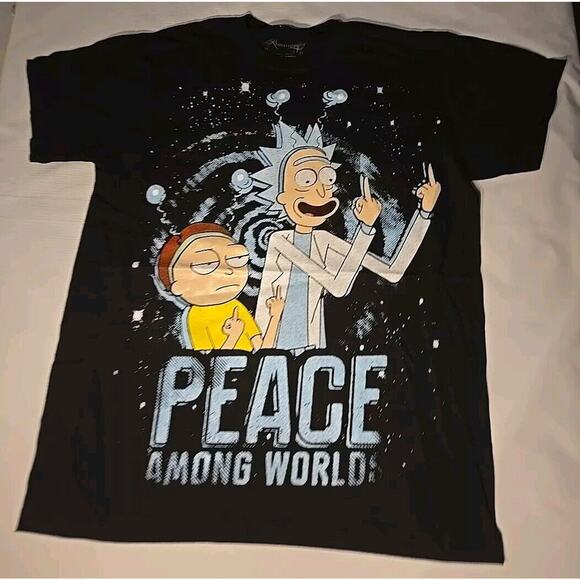 Peace Among Worlds Rick And Morty Funny Fan Art T-Shirt XL vtg style Unisex - Picture 1 of 8